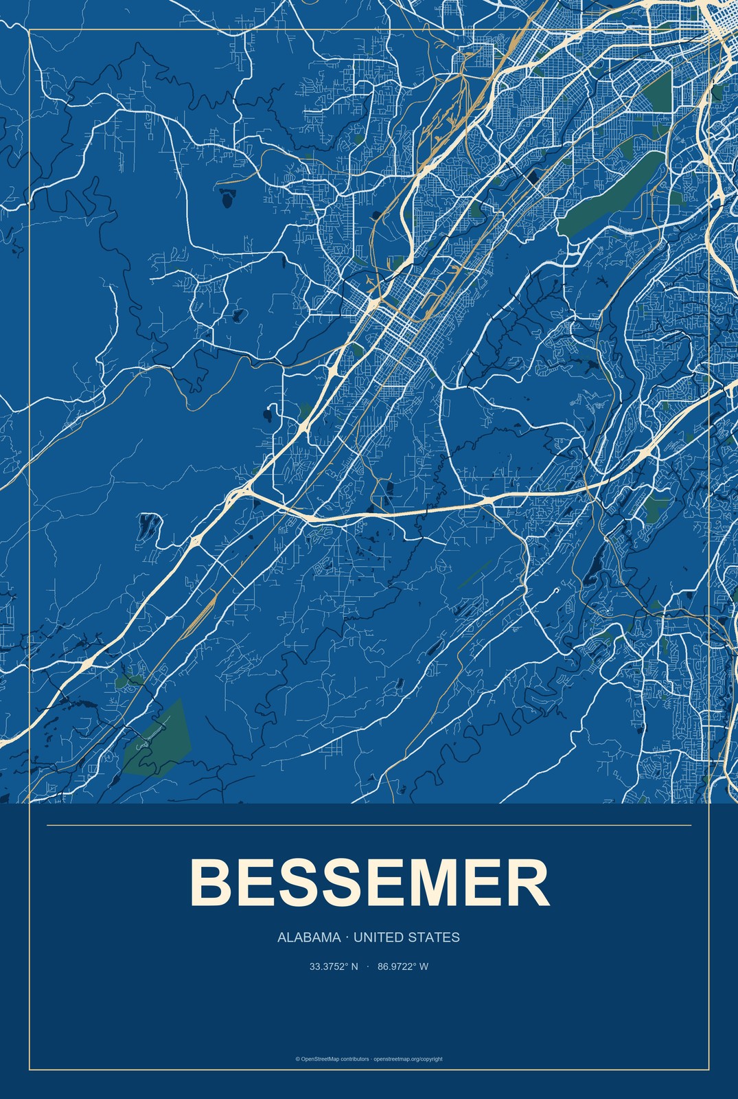 Bessemer, Alabama City Map Aluminum Sign in Harbor Cobalt style