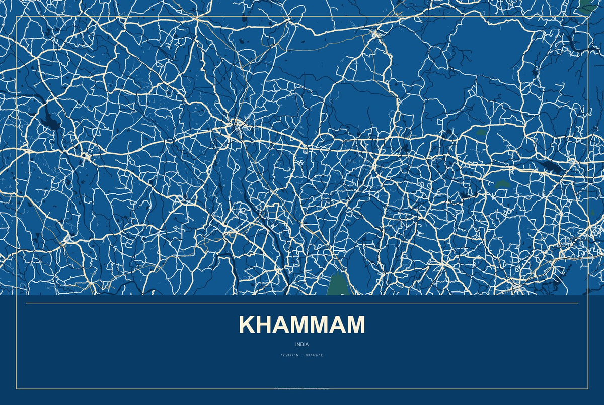 Khammam, India City Map Aluminum Sign in Harbor Cobalt style