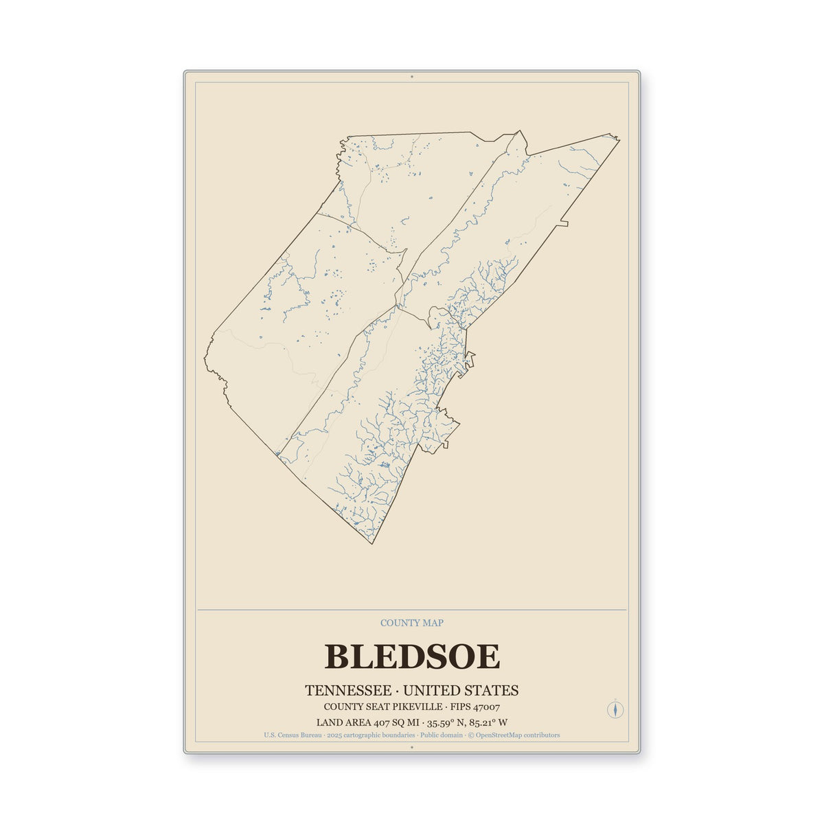 Bledsoe County, Tennessee Map Aluminum Sign in Heritage Nautical style