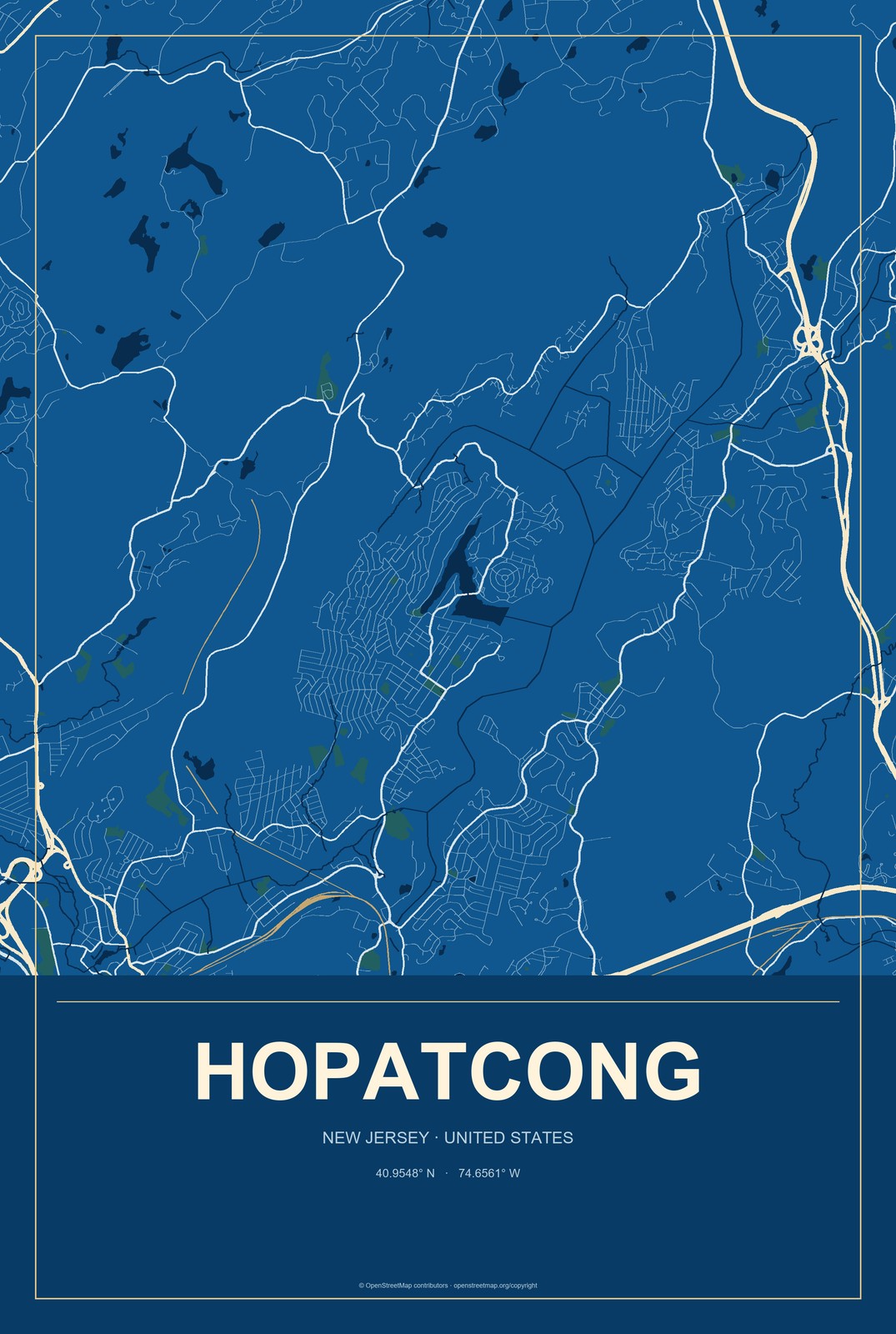 Hopatcong, New Jersey City Map Aluminum Sign in Harbor Cobalt style