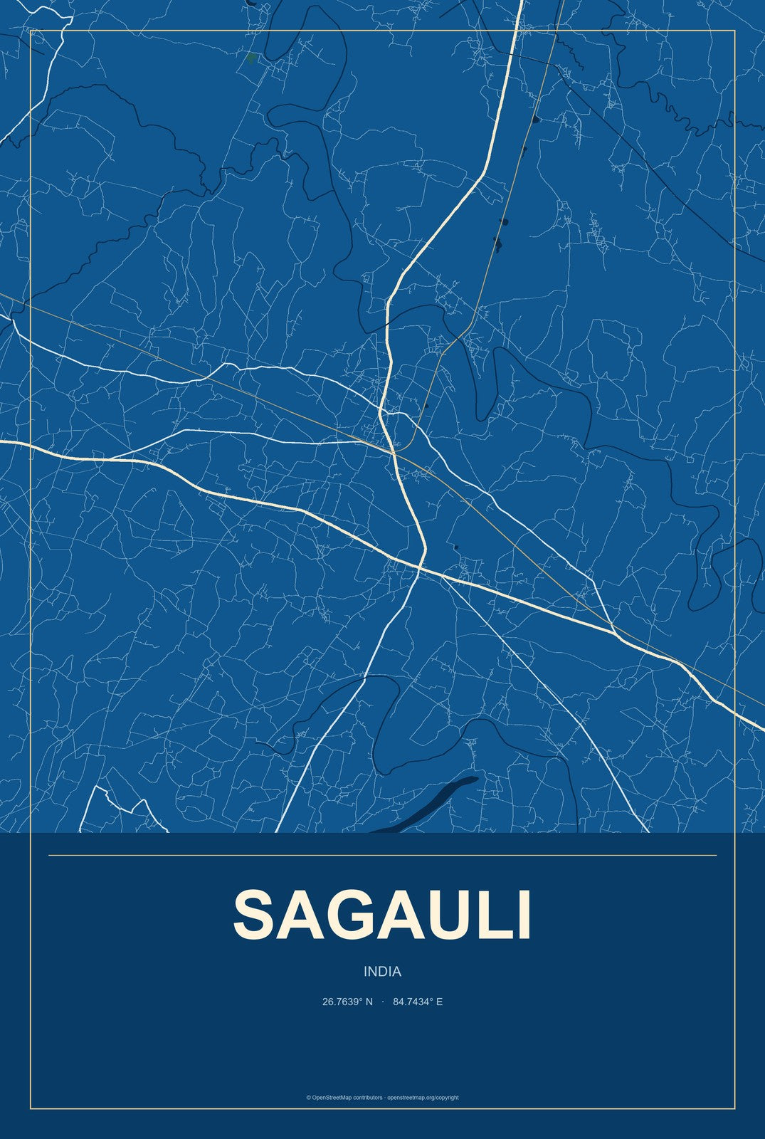Sagauli, India City Map Aluminum Sign in Harbor Cobalt style