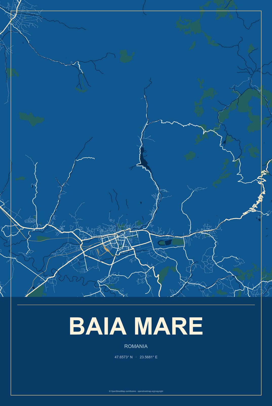 Baia Mare, Romania City Map Aluminum Sign in Harbor Cobalt style