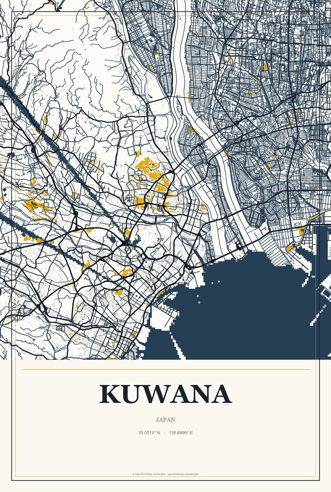 Kuwana, Japan City Map Aluminum Sign in Citrine Modern style