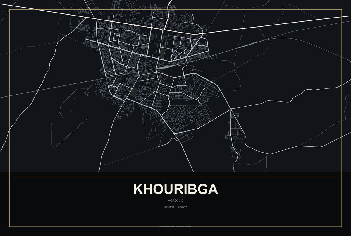 Khouribga, Morocco City Map Aluminum Sign in Metropolitan Noir style