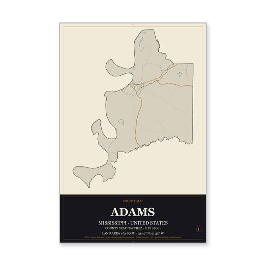 Adams County, Mississippi Map Aluminum Sign in Museum Plaque style