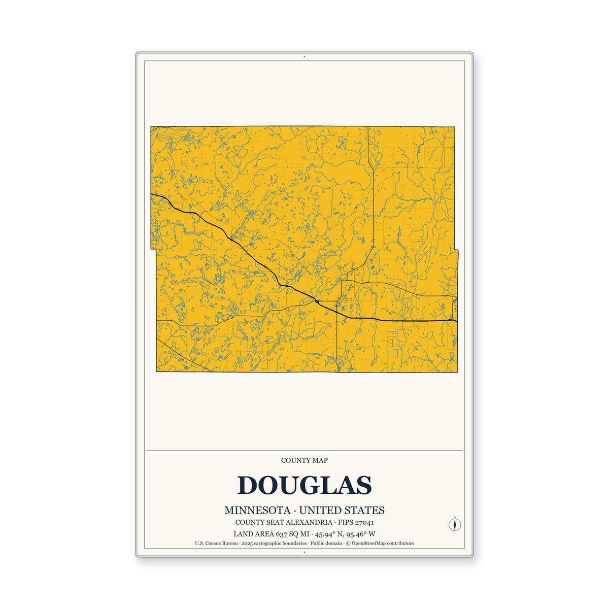 Douglas County, Minnesota Map Aluminum Sign in Citrine Modern style