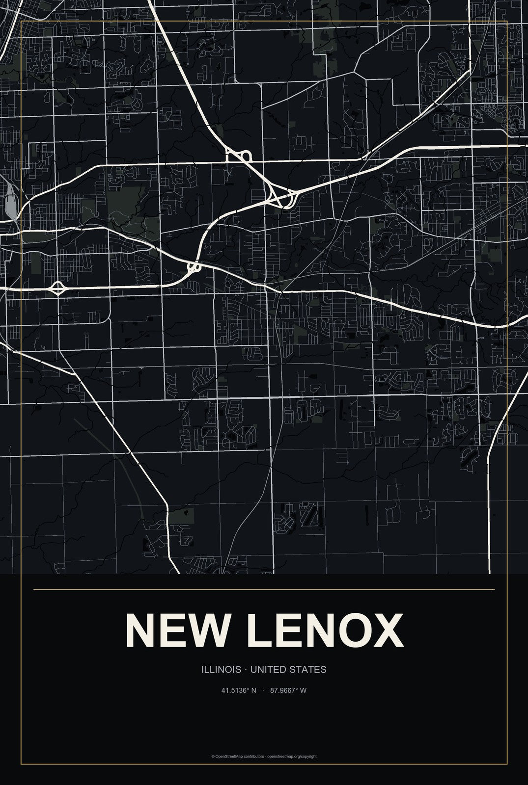 New Lenox, Illinois City Map Aluminum Sign in Metropolitan Noir style