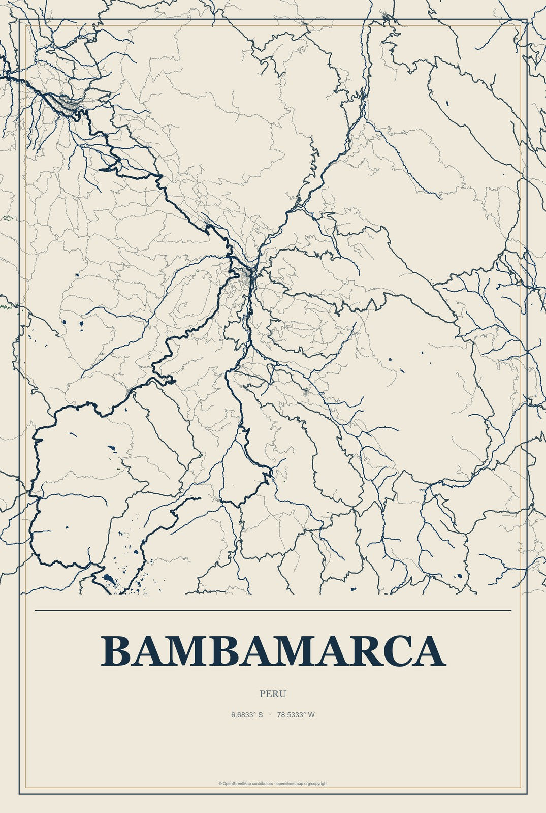 Bambamarca, Peru City Map Aluminum Sign in Coastal Cutout style
