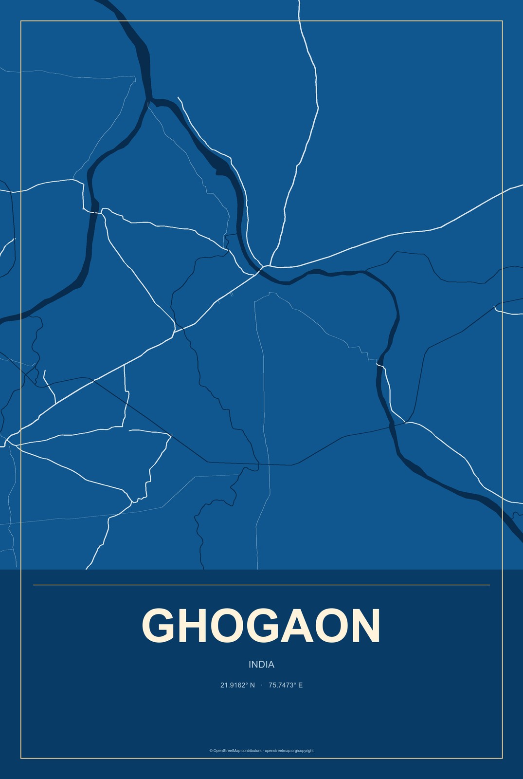 Ghogaon, India City Map Aluminum Sign in Harbor Cobalt style