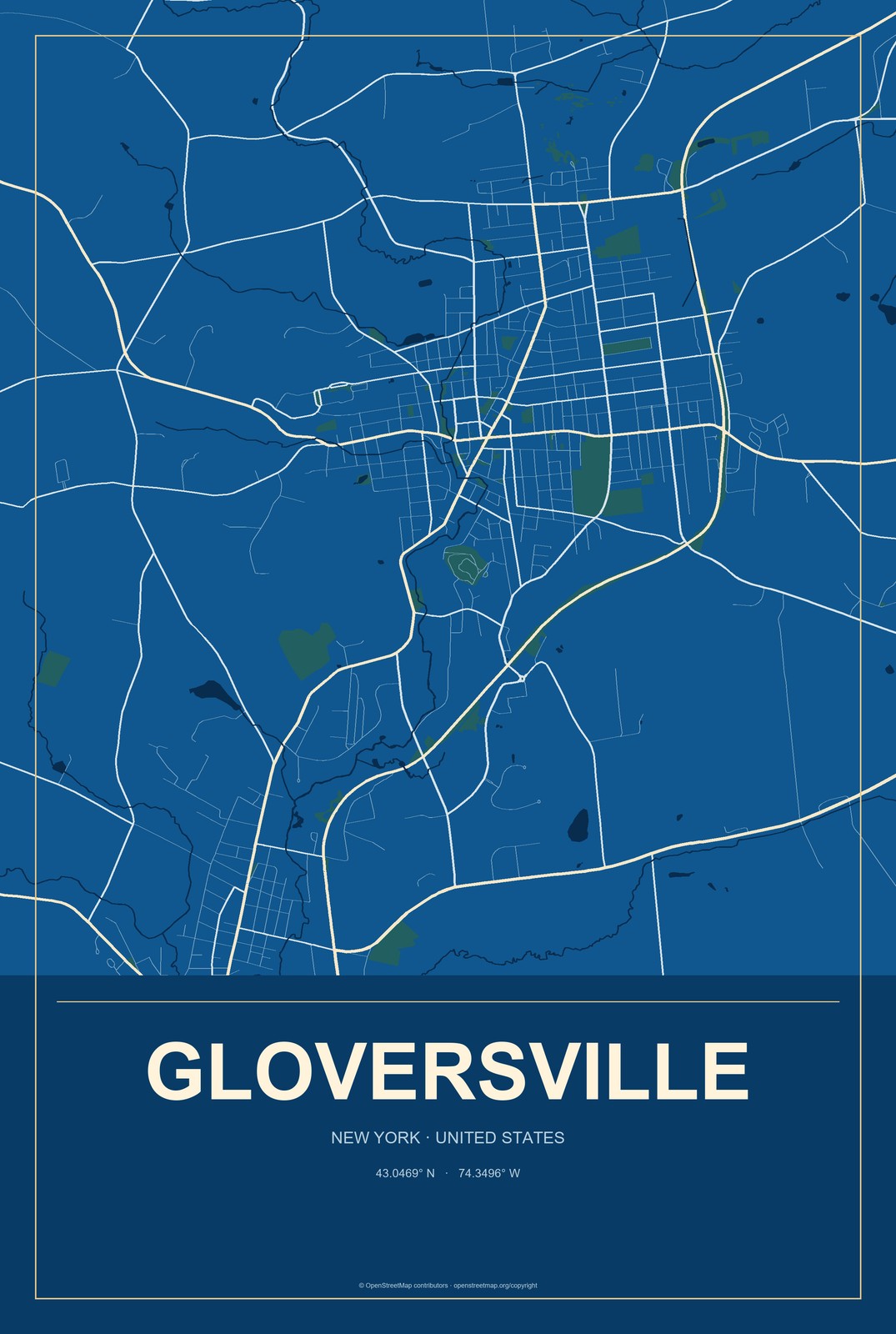Gloversville, New York City Map Aluminum Sign in Harbor Cobalt style