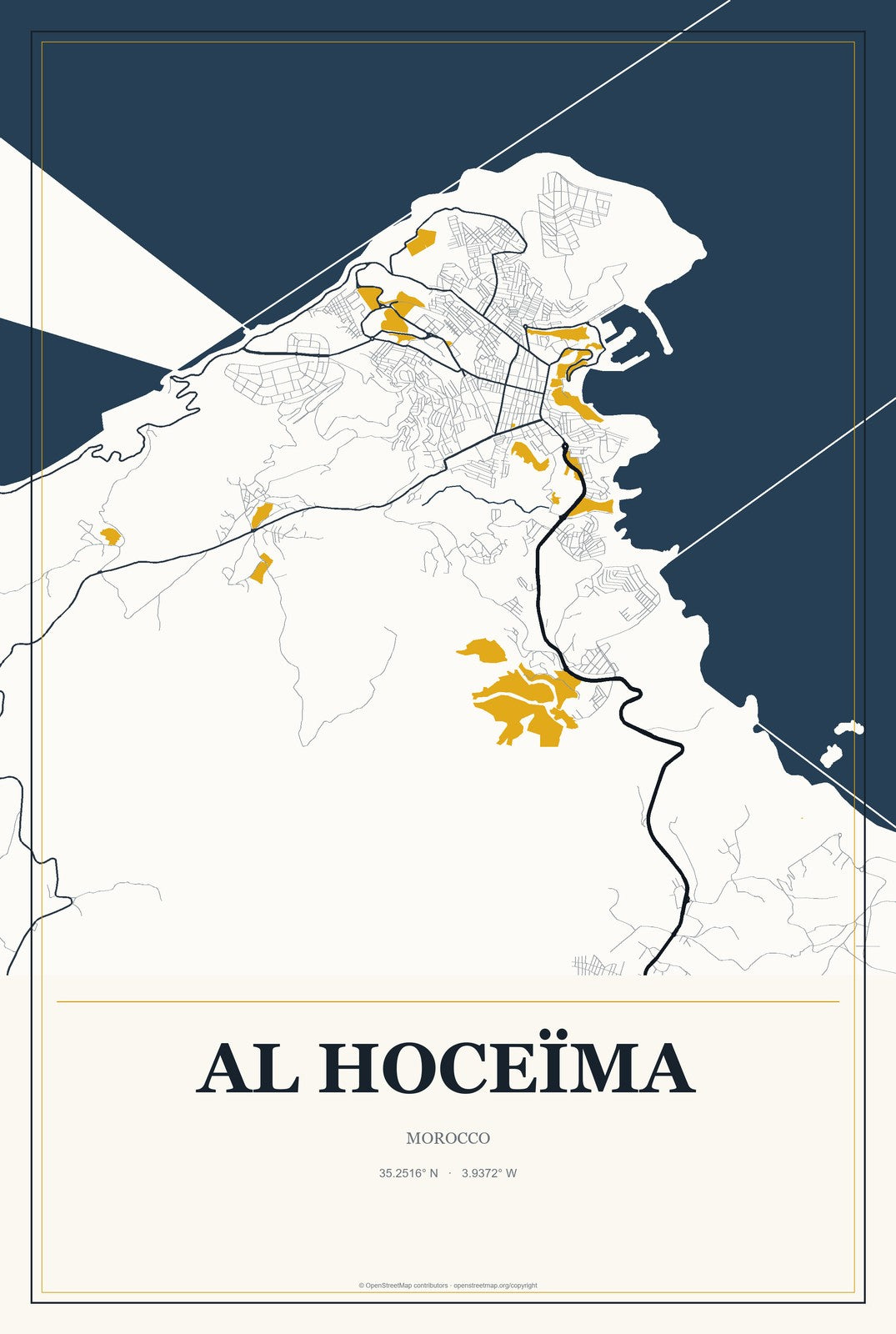 Al Hoceïma, Morocco City Map Aluminum Sign in Citrine Modern style