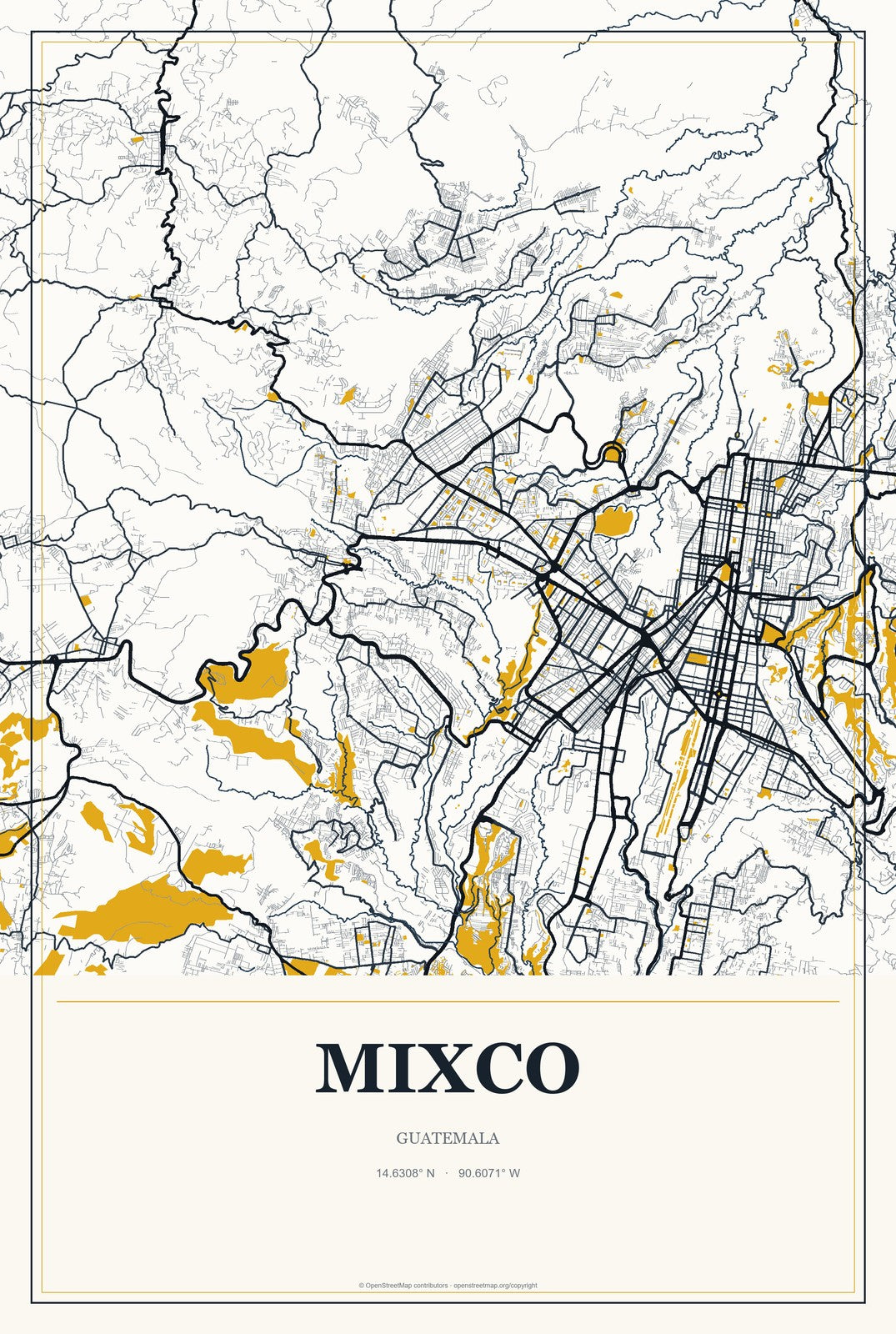 Mixco, Guatemala City Map Aluminum Sign in Citrine Modern style