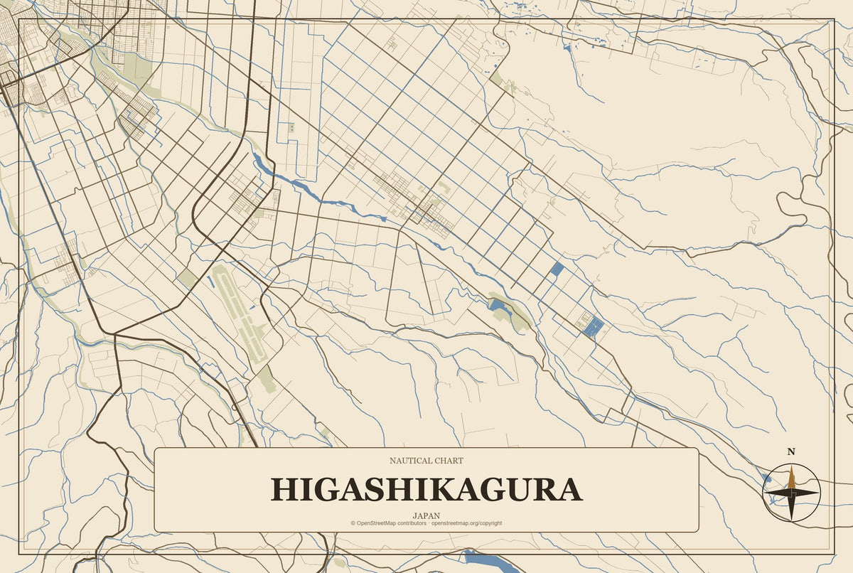 Higashikagura, Japan City Map Aluminum Sign in Heritage Nautical style