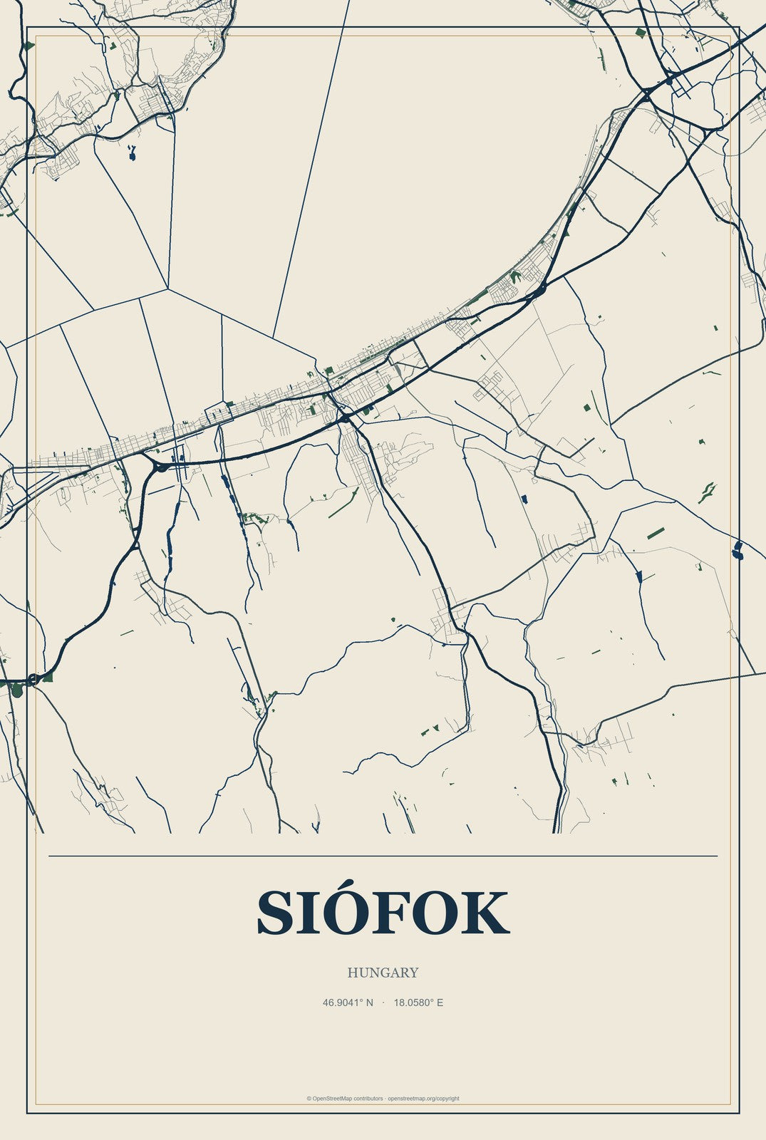 Siófok, Hungary City Map Aluminum Sign in Coastal Cutout style