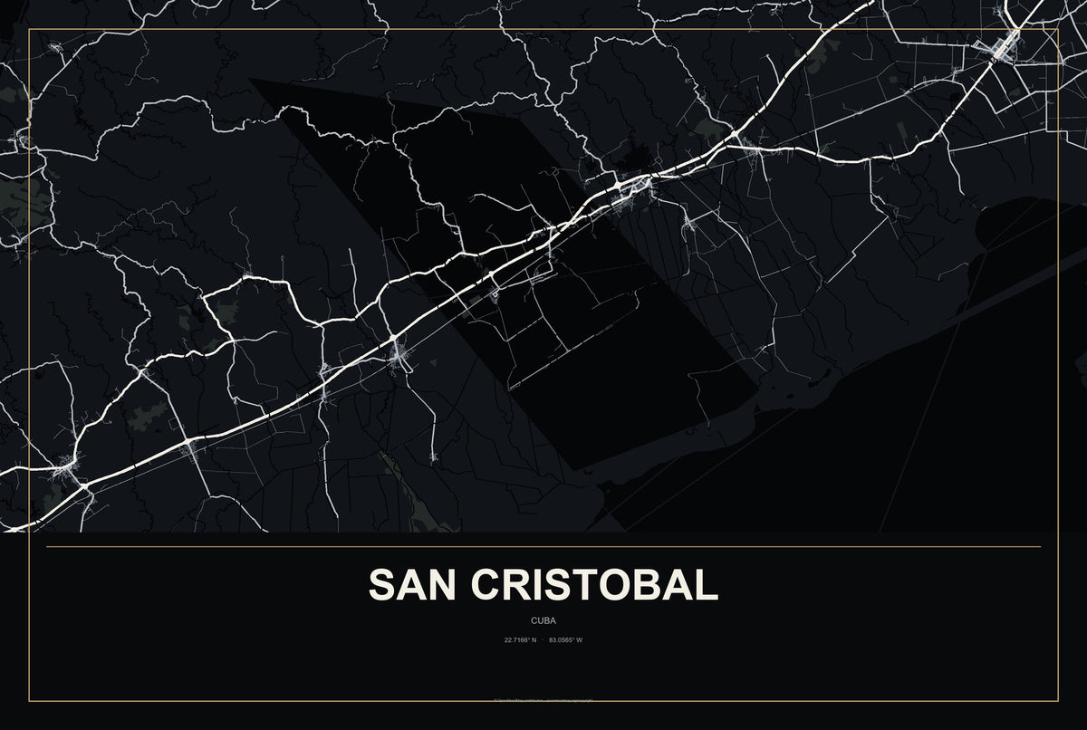 San Cristobal, Cuba City Map Aluminum Sign in Metropolitan Noir style