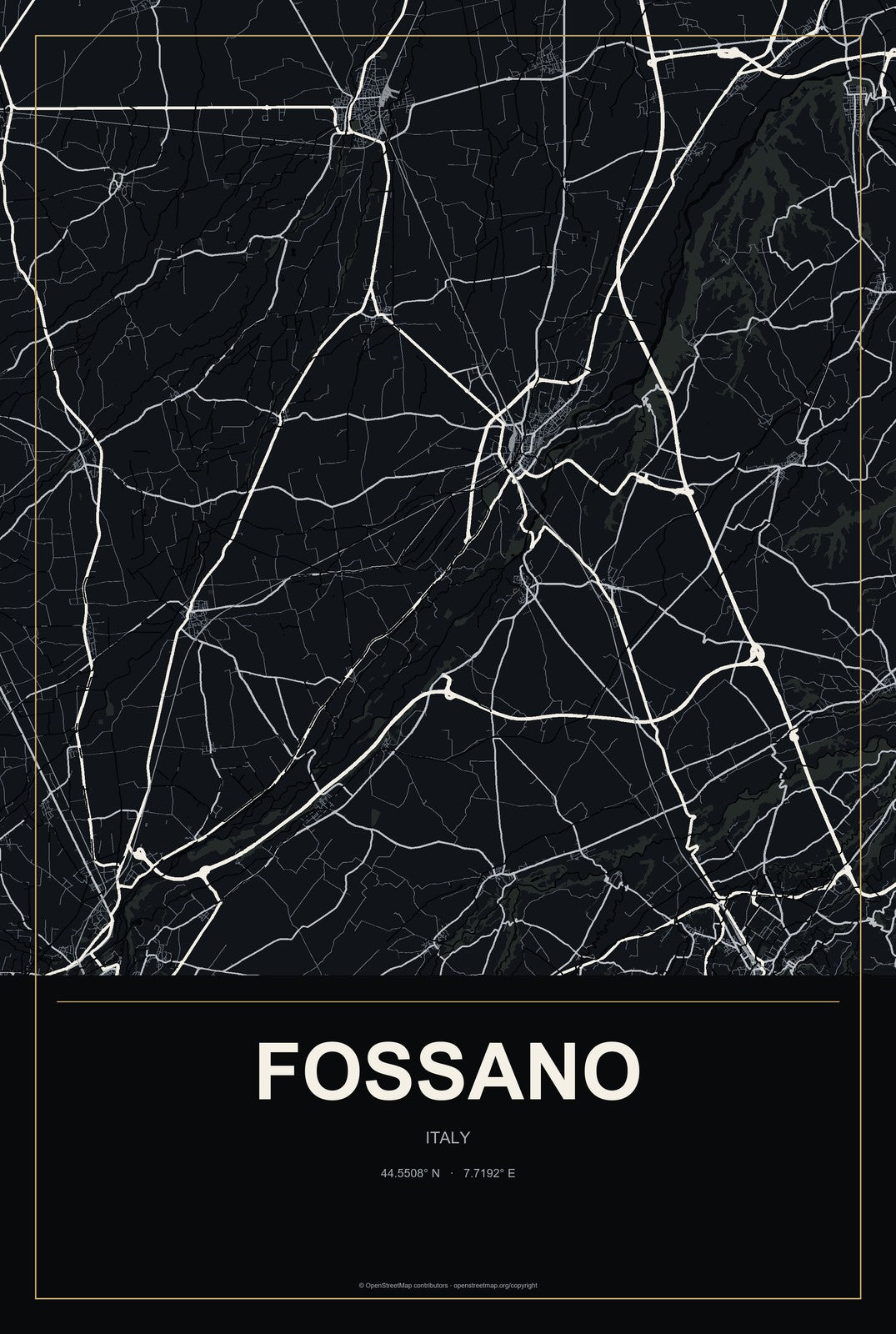 Fossano, Italy City Map Aluminum Sign in Metropolitan Noir style