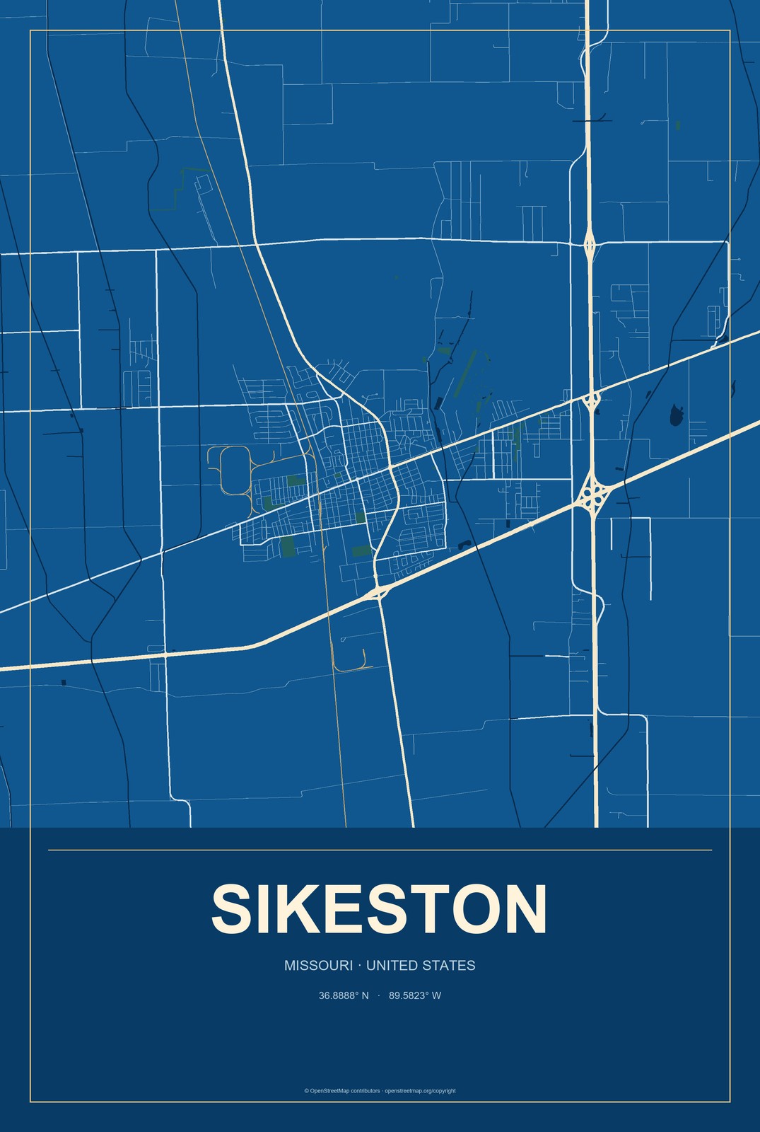 Sikeston, Missouri City Map Aluminum Sign in Harbor Cobalt style