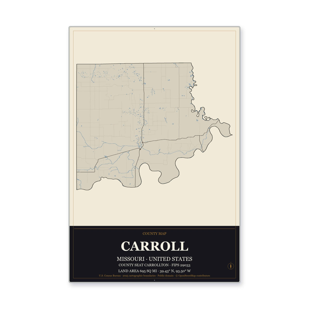 Carroll County, Missouri Map Aluminum Sign in Museum Plaque style