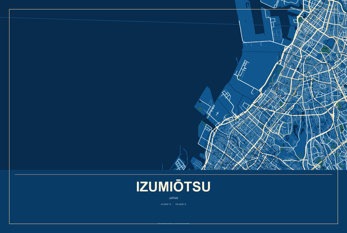 Izumiōtsu, Japan City Map Aluminum Sign in Harbor Cobalt style