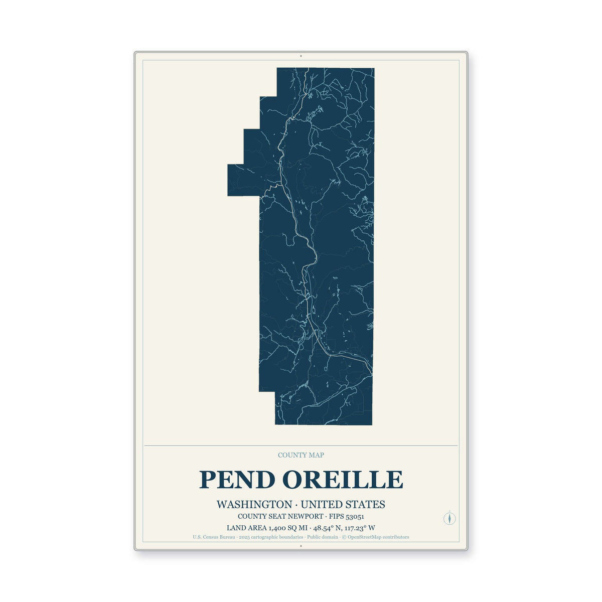 Pend Oreille County, Washington Map Aluminum Sign in Coastal Cutout style