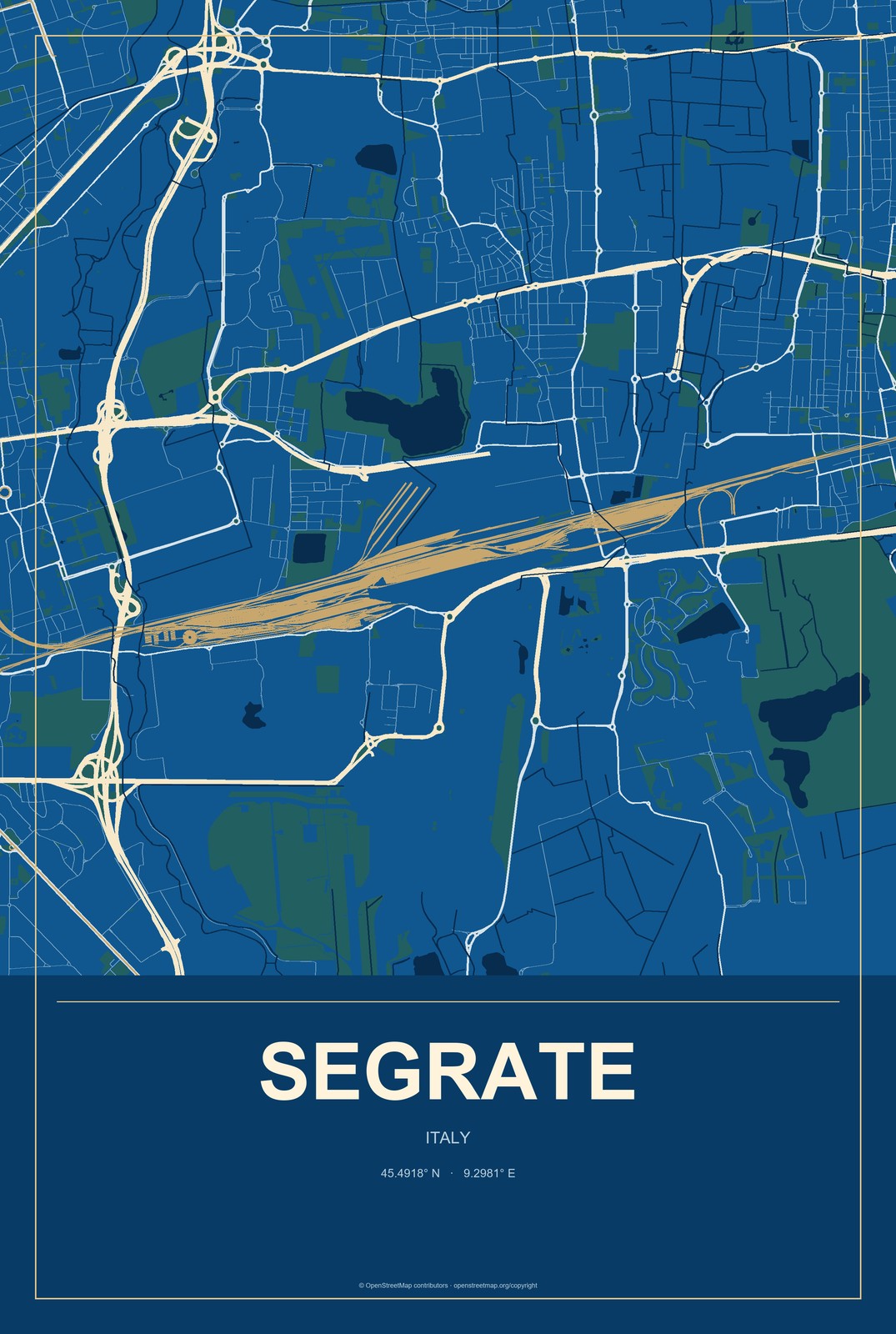 Segrate, Italy City Map Aluminum Sign in Harbor Cobalt style