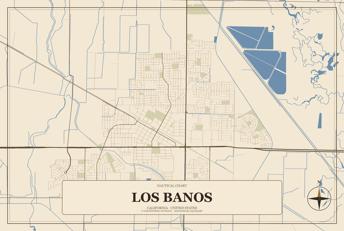 Los Banos, California City Map Aluminum Sign in Heritage Nautical style