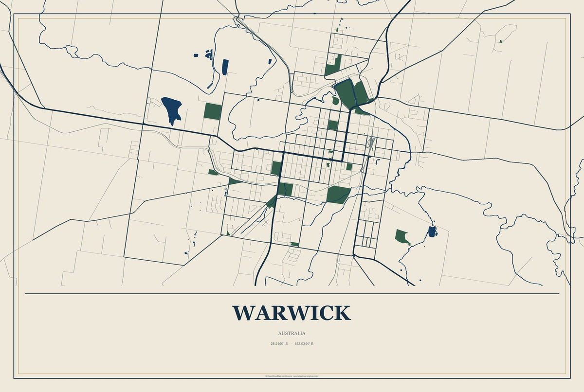 Warwick, Australia City Map Aluminum Sign in Coastal Cutout style