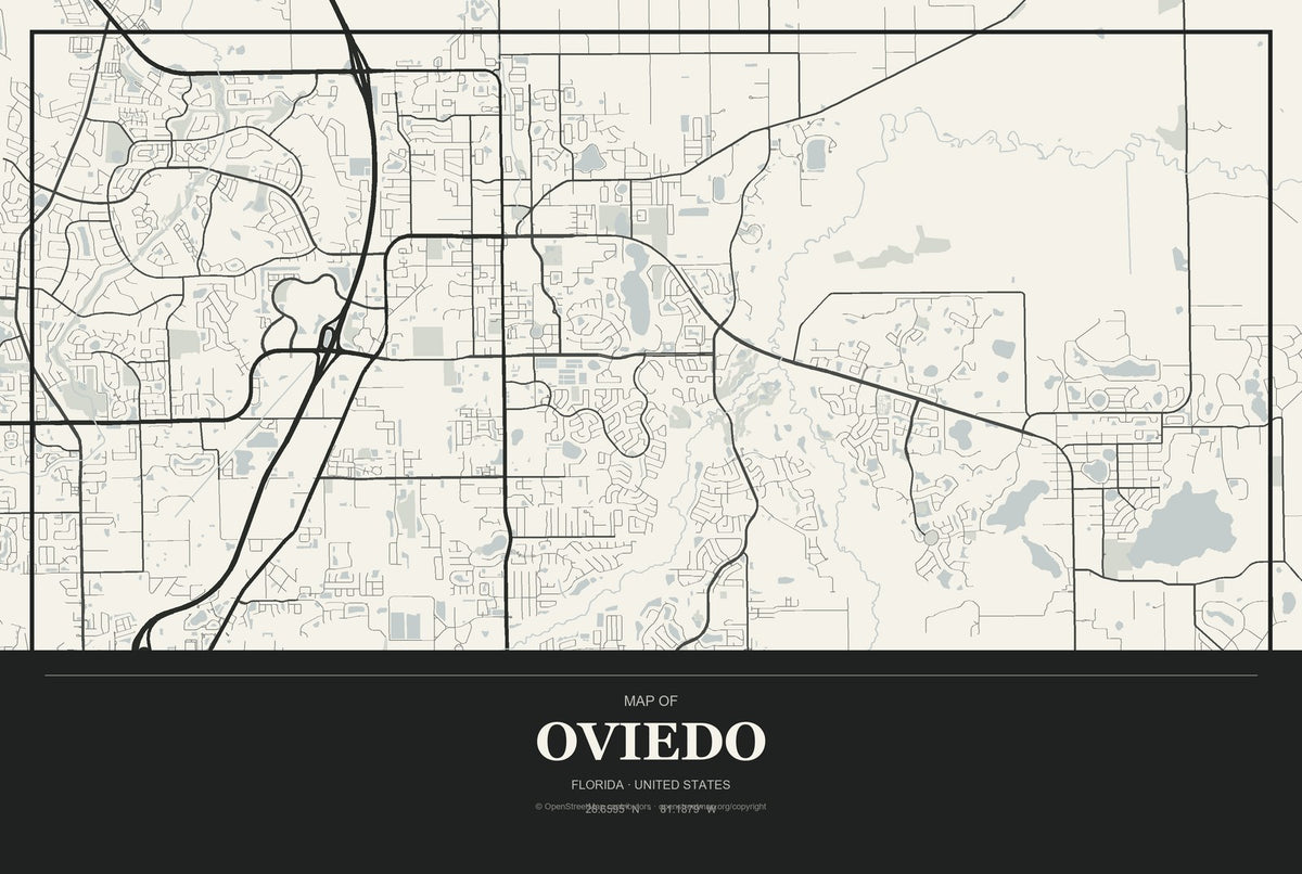 Oviedo, Florida City Map Aluminum Sign in Museum Plaque style