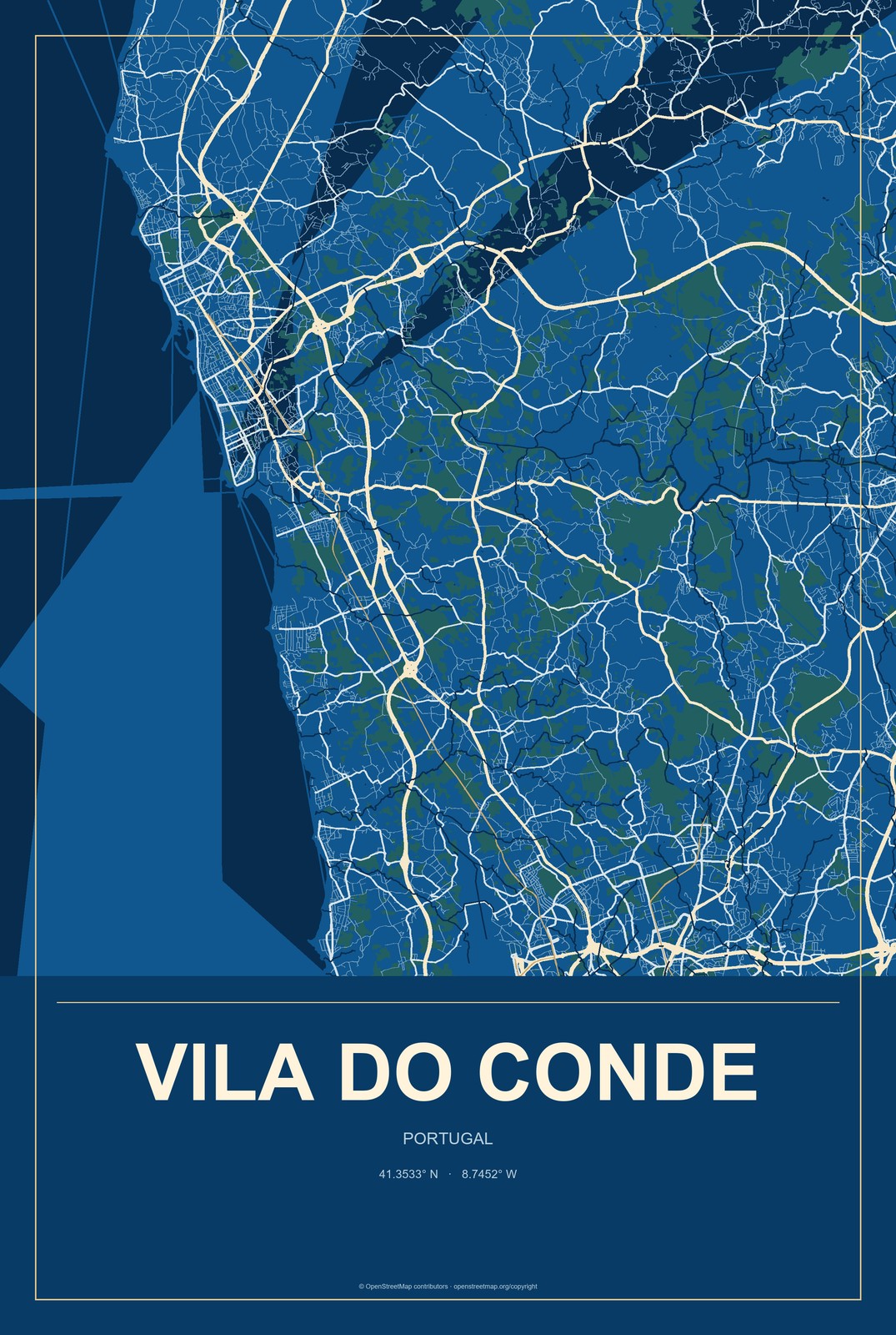 Vila do Conde, Portugal City Map Aluminum Sign in Harbor Cobalt style