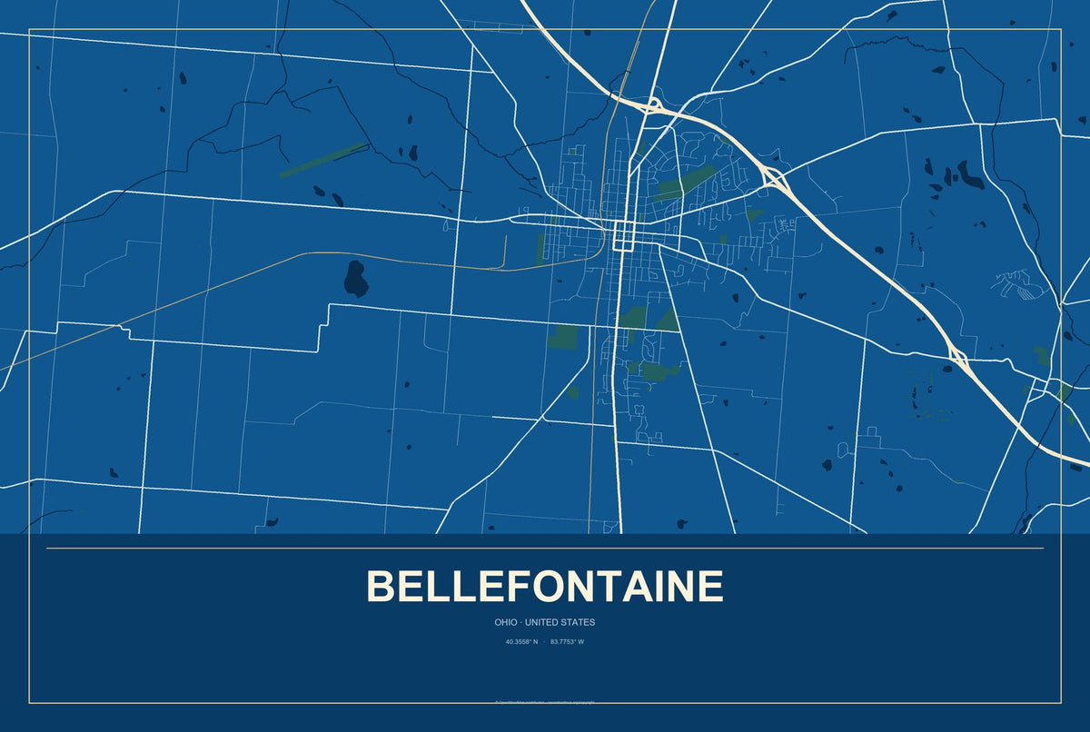 Bellefontaine, Ohio City Map Aluminum Sign in Harbor Cobalt style