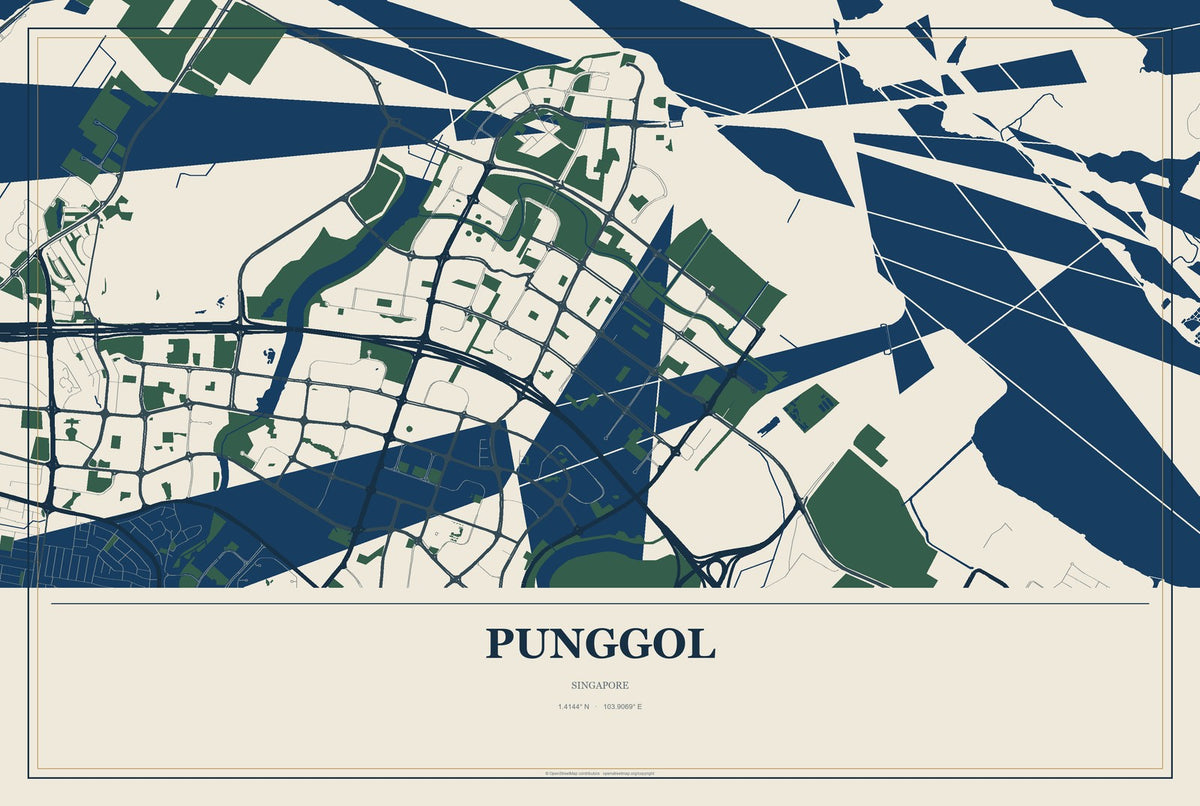 Punggol, Singapore City Map Aluminum Sign in Coastal Cutout style