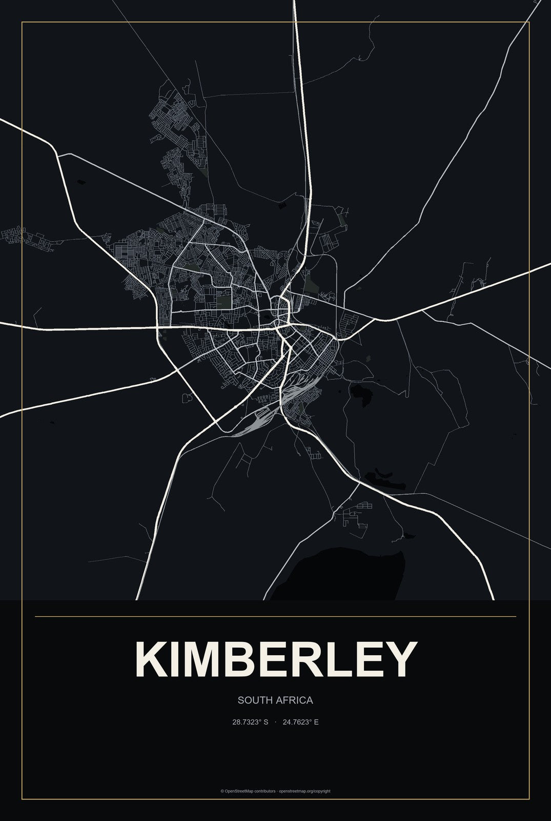 Kimberley, South Africa City Map Aluminum Sign in Metropolitan Noir style