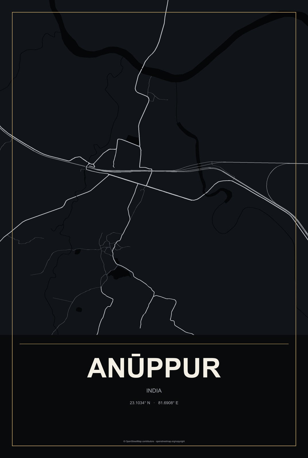 Anūppur, India City Map Aluminum Sign in Metropolitan Noir style