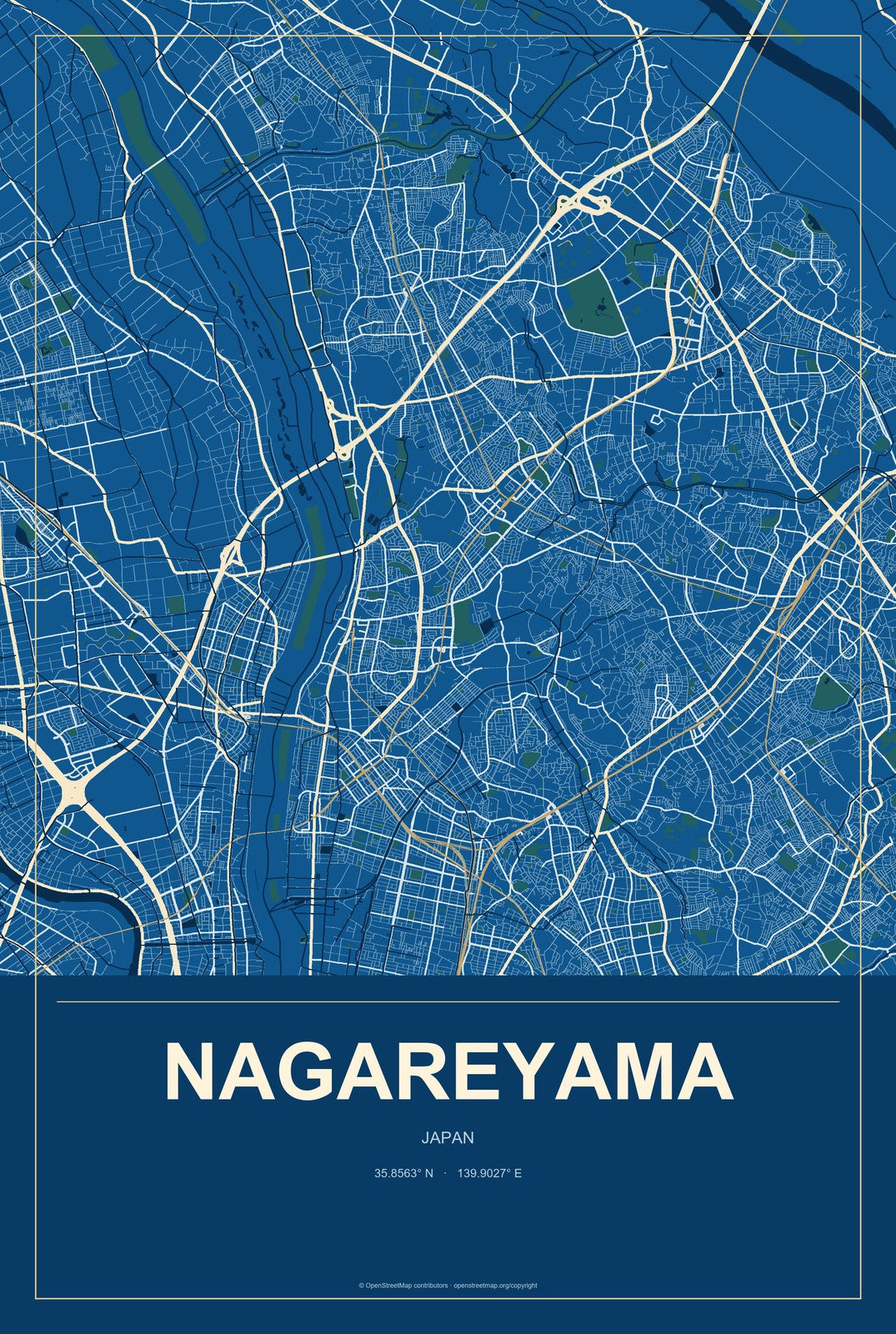 Nagareyama, Japan City Map Aluminum Sign in Harbor Cobalt style