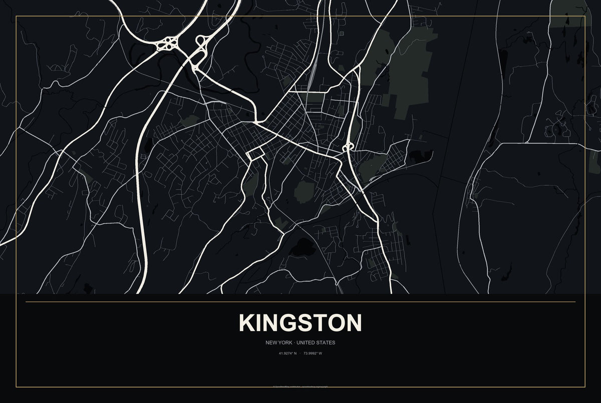 Kingston, New York City Map Aluminum Sign in Metropolitan Noir style