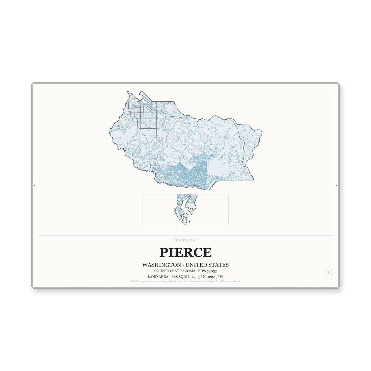 Pierce County, Washington Map Aluminum Sign in Gallery Air style