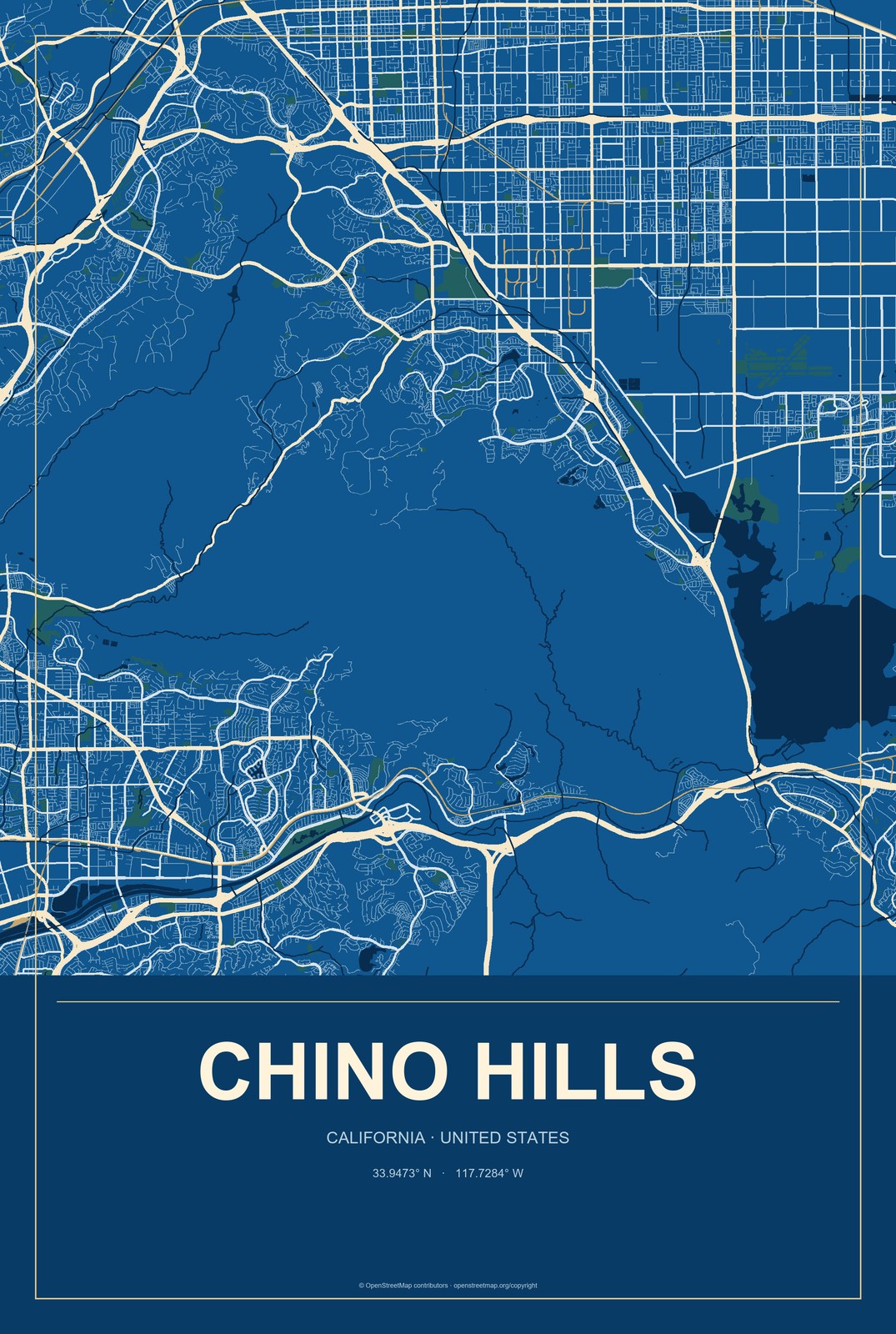 Chino Hills, California City Map Aluminum Sign in Harbor Cobalt style