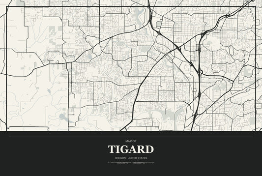 Tigard, Oregon City Map Aluminum Sign in Museum Plaque style