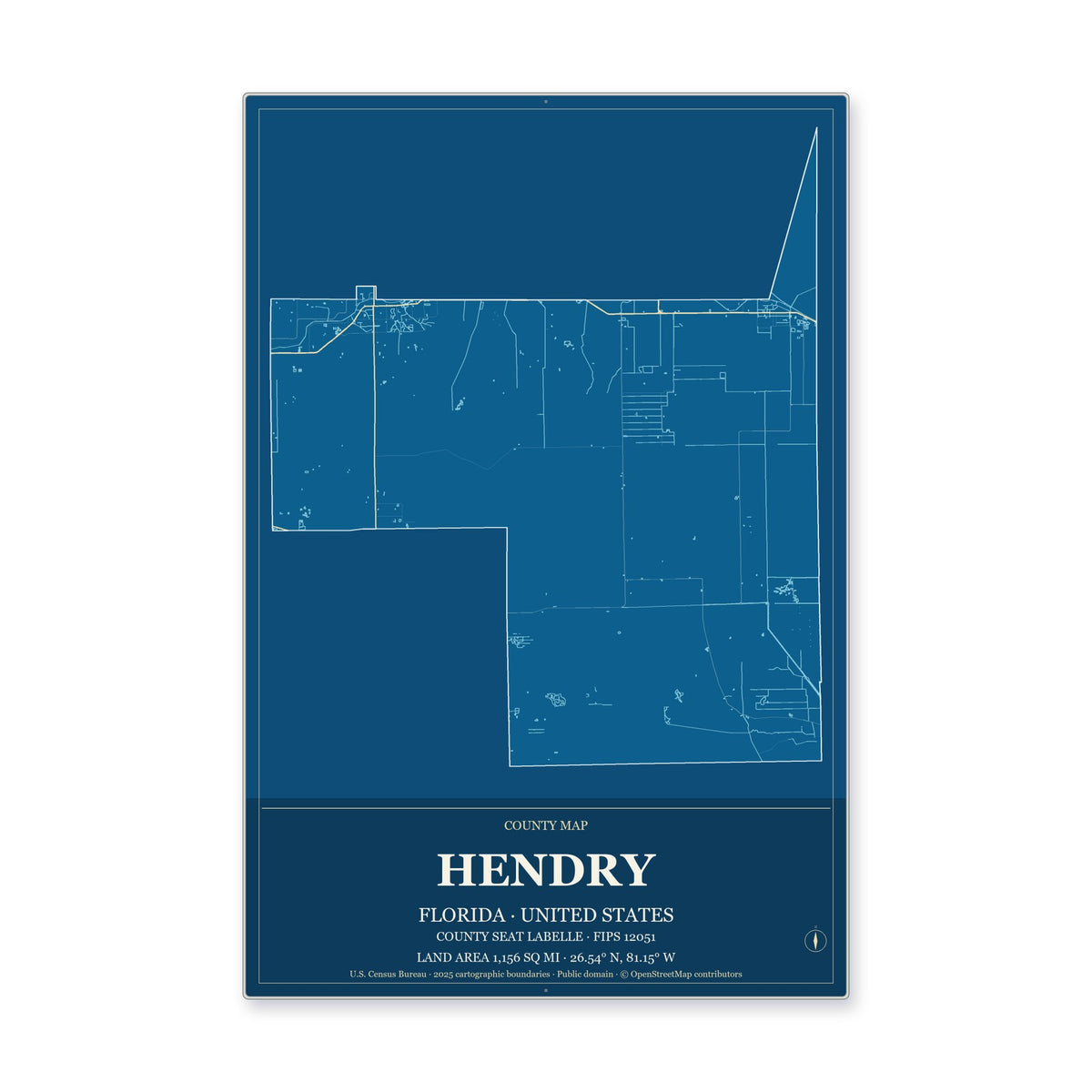 Hendry County, Florida Map Aluminum Sign in Harbor Cobalt style