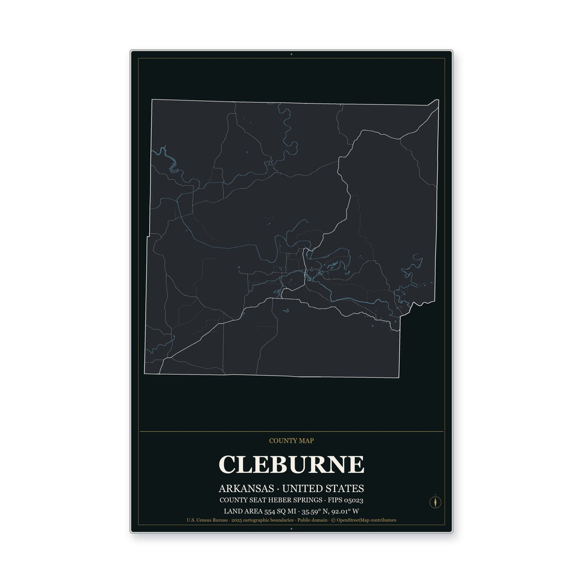 Cleburne County, Arkansas Map Aluminum Sign in Metropolitan Noir style