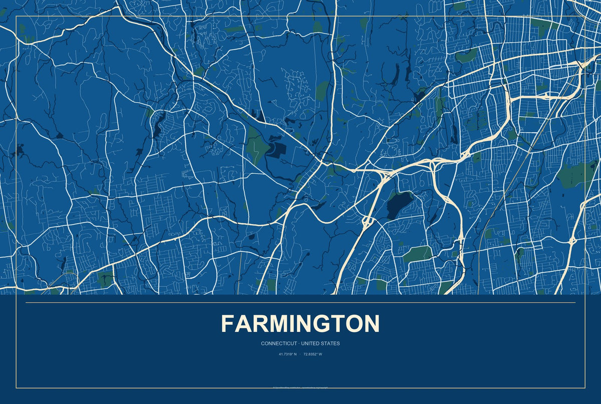 Farmington, Connecticut City Map Aluminum Sign in Harbor Cobalt style