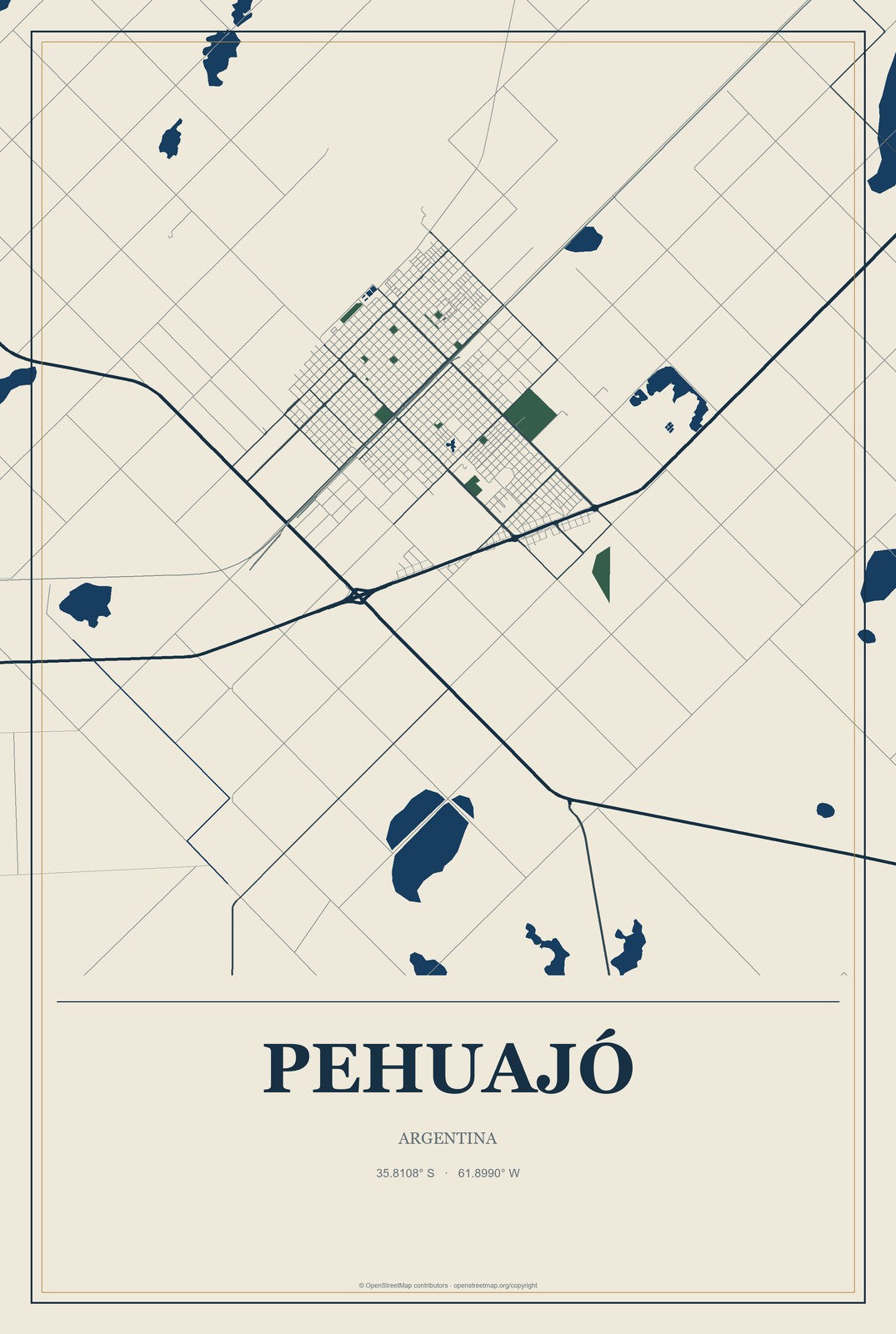 Pehuajó, Argentina City Map Aluminum Sign in Coastal Cutout style