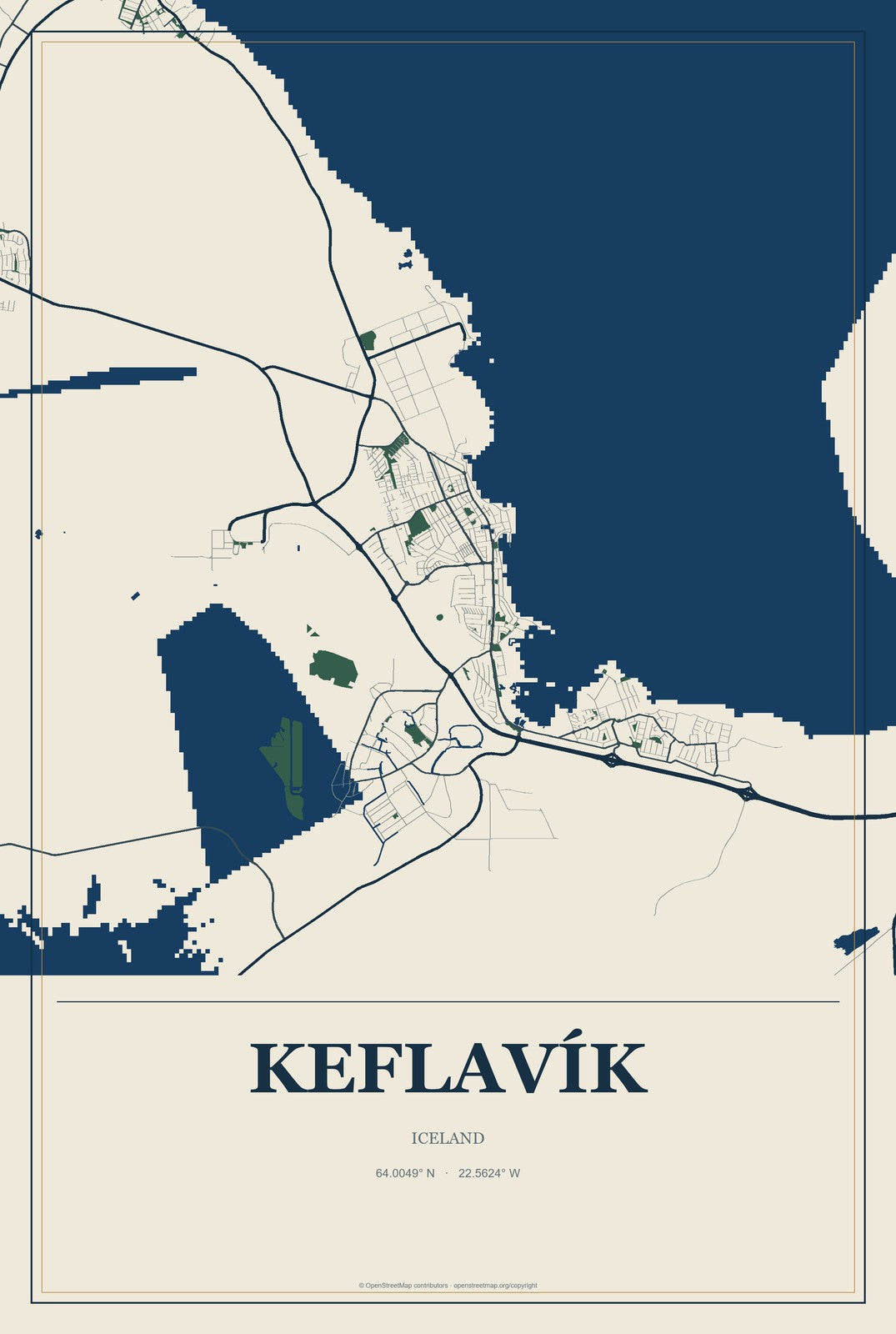 Keflavík, Iceland City Map Aluminum Sign in Coastal Cutout style