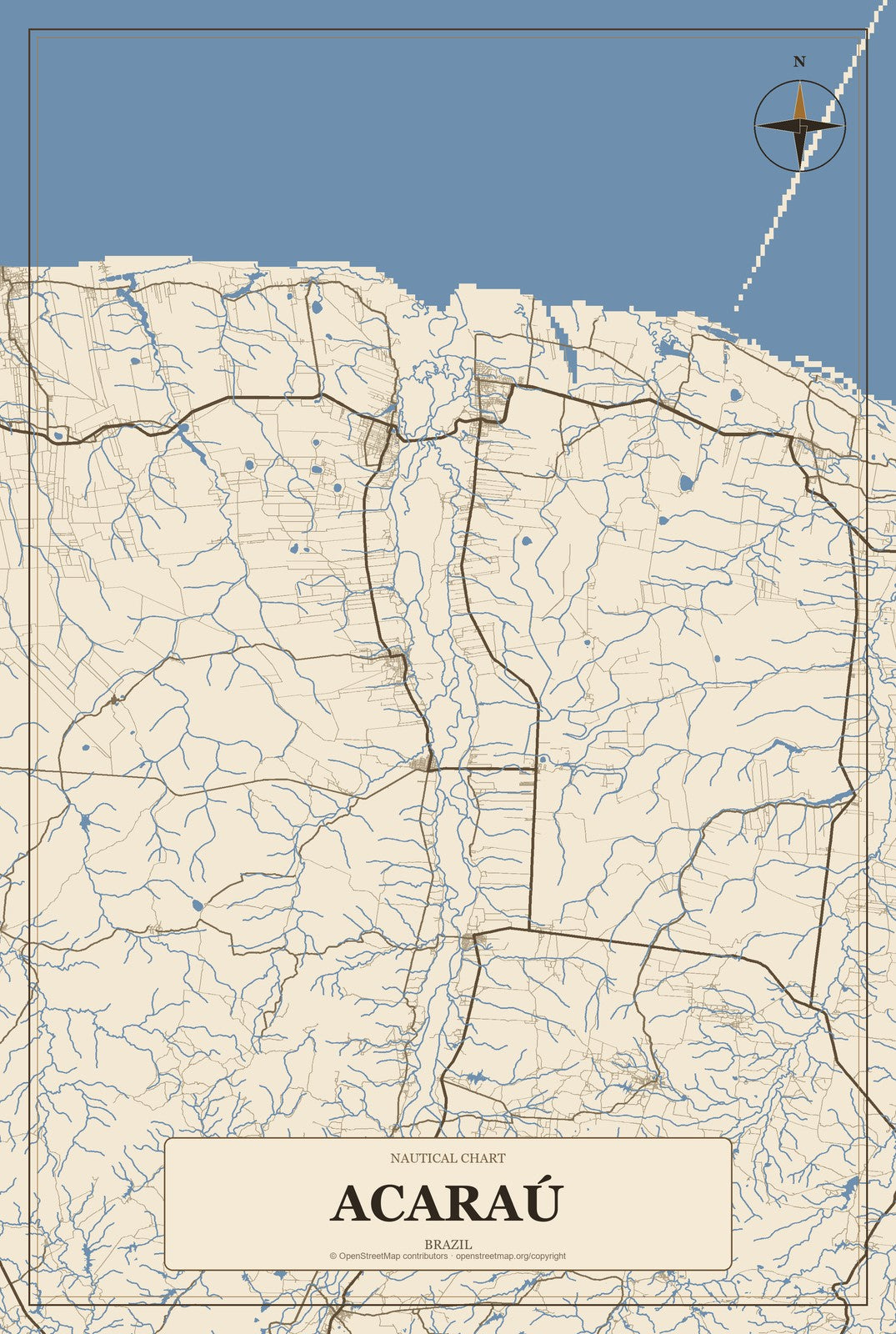 Acaraú, Brazil City Map Aluminum Sign in Heritage Nautical style