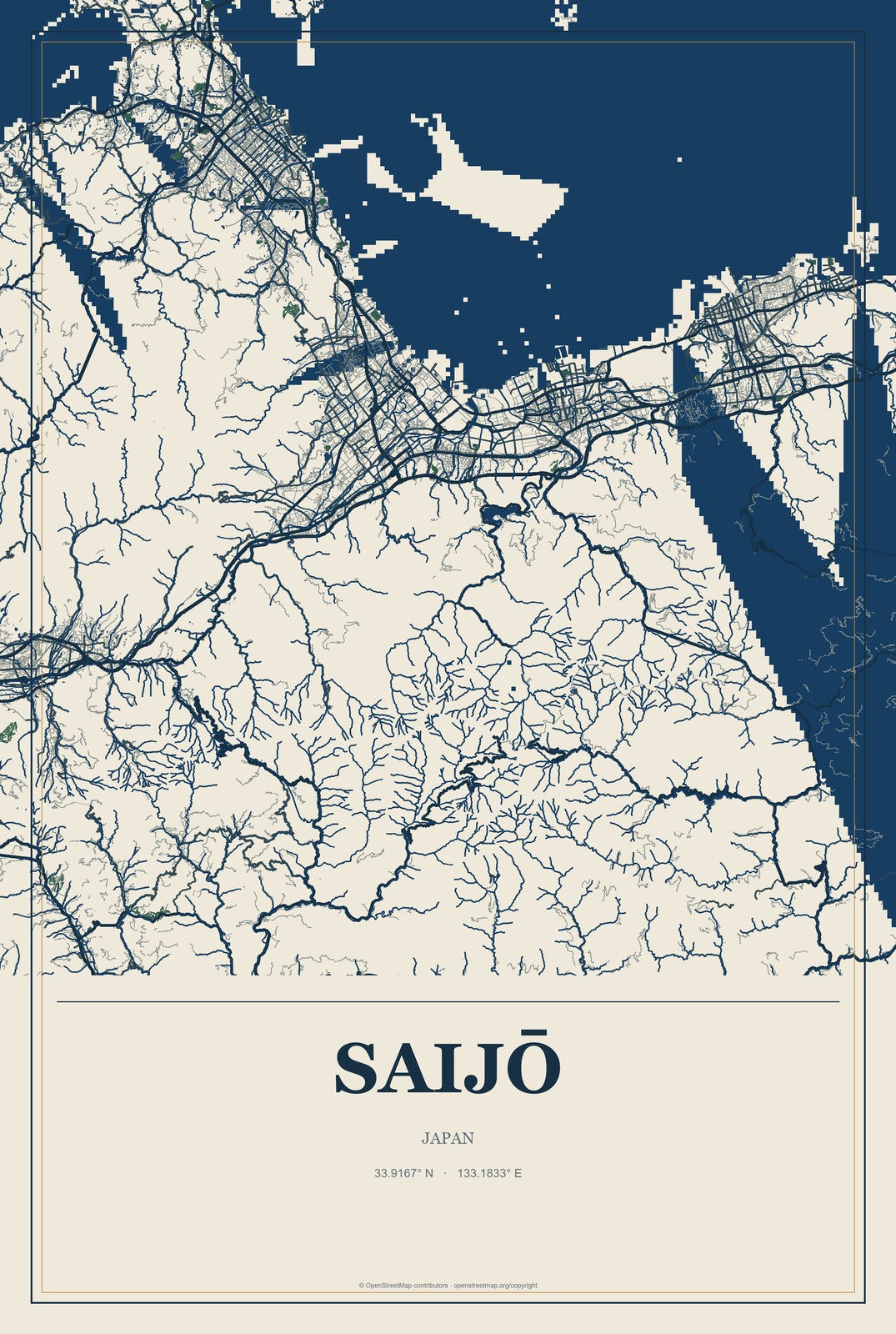 Saijō, Japan City Map Aluminum Sign in Coastal Cutout style