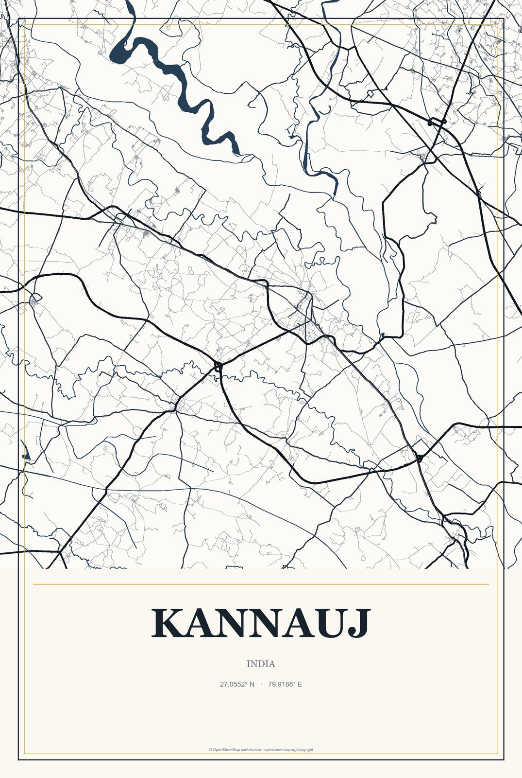 Kannauj, India City Map Aluminum Sign in Citrine Modern style