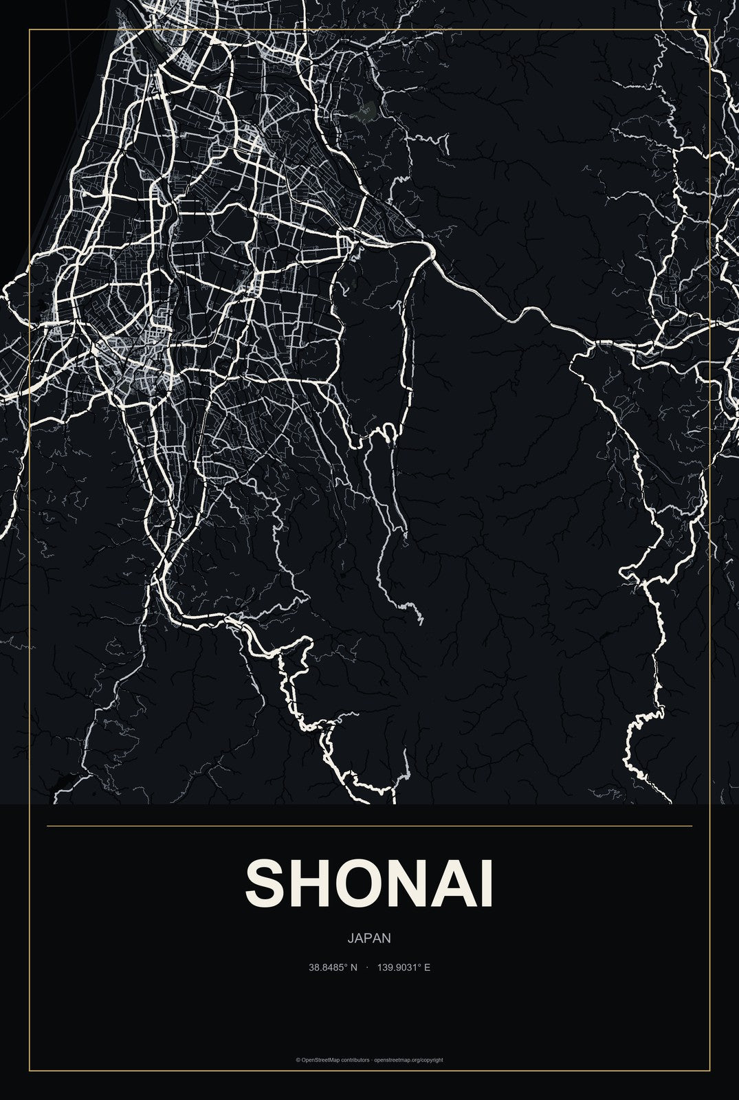 Shonai, Japan City Map Aluminum Sign in Metropolitan Noir style