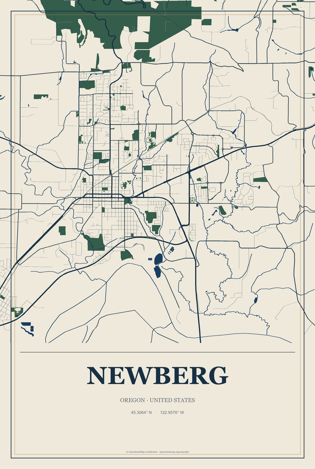 Newberg, Oregon City Map Aluminum Sign in Coastal Cutout style