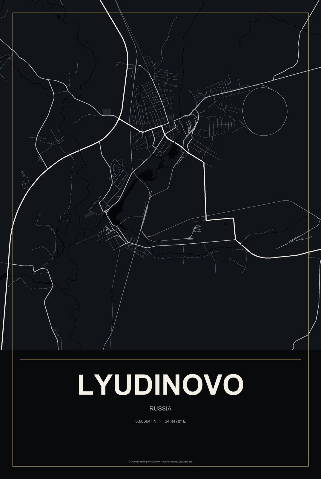 Lyudinovo, Russia City Map Aluminum Sign in Metropolitan Noir style