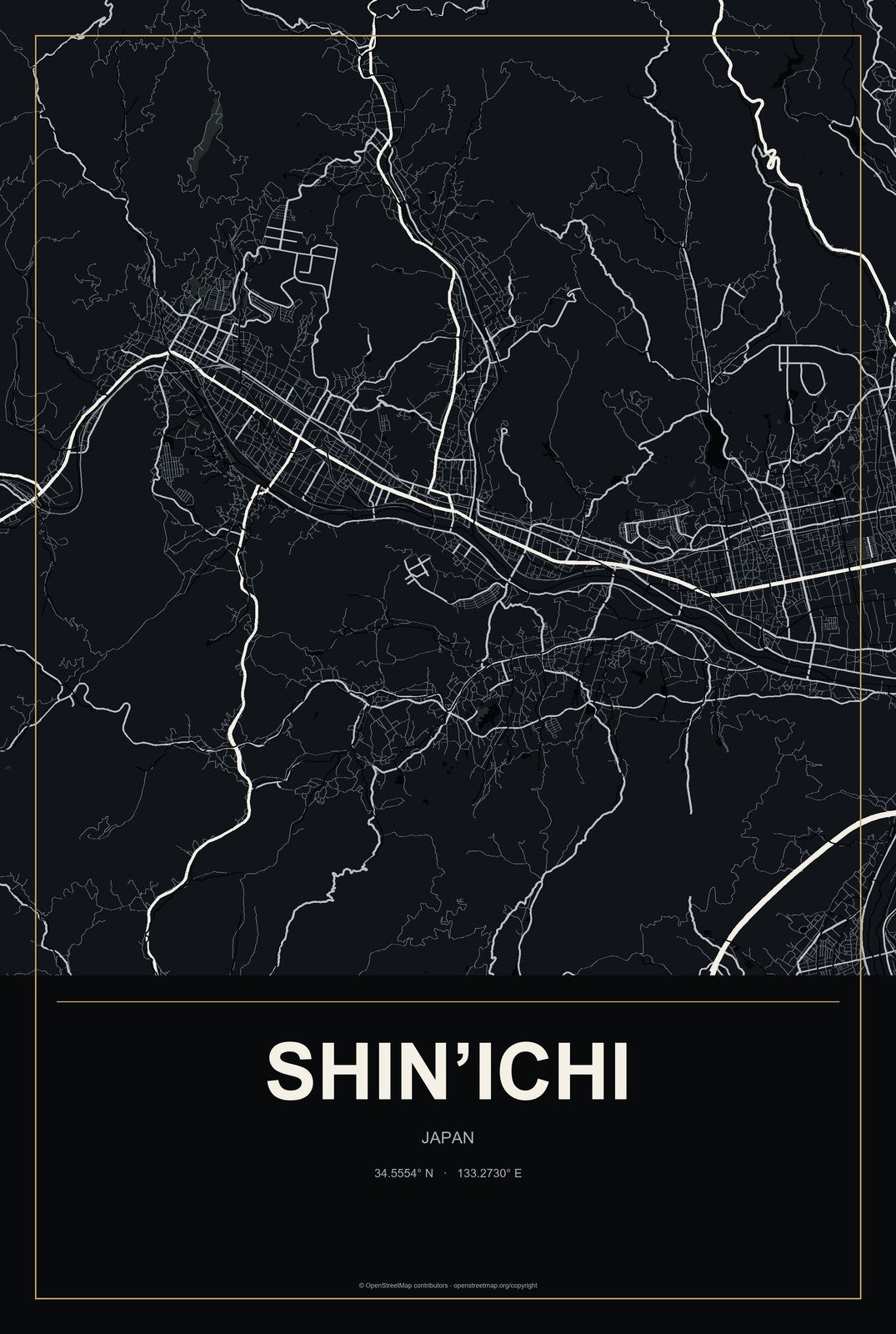 Shin’ichi, Japan City Map Aluminum Sign in Metropolitan Noir style